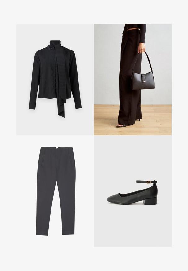 Black long-sleeve shirt with a fold-over collar and a loose scarf detail. Features vertical pinstripes and front button closure.; Dark gray tapered trousers with side pockets and front pleats, designed for a tailored fit.; Black leather pump with a pointed toe and a low block heel. Features an ankle strap with a gold-tone buckle. Smooth texture.; Black handbag with structured shape, smooth texture, and a metallic clasp. Paired with wide black pants and open-toe sandals on wooden floor.