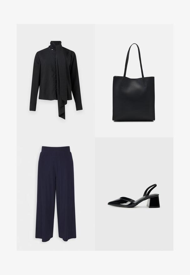 Musta pitkähihaine pusero, jossa on taitettava kaulus ja löysä huiviyksityiskohta. Täydentää pystysuorat raidoitukset ja etupainike.; Leve-leggings leve em tecido azul marinho escuro com textura ribbed. Apresenta uma cintura suave e uma silhueta fluida, alcançando o comprimento até a metade da panturrilha.; Mustat patentoitu nahkakengät, joissa on säären takaosa ja terävä kärki, sekä geometrinen palikkakorko. Sisältää tyylikkään, minimalistisen muotoilun ja sileän pinnan.; Mustapahkainen kangaskassi, jossa on sileä pinta, suorakaiteen muotoinen ja kaksi pitkää kahvaa. Ei näkyvää metalliosaa tai koristeita.