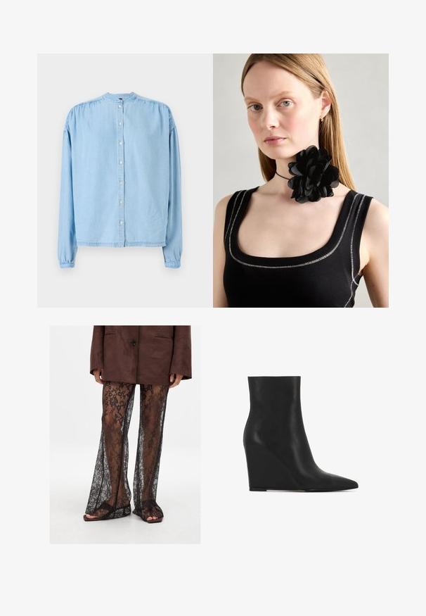 Light blue, long-sleeve button-up shirt made of soft denim, featuring a rounded neckline, gathered shoulders, and a straight cut.; Black lace flared pants with a floral pattern, sheer texture, and wide leg openings, paired with brown slide sandals.; Black wedge ankle boot made of textured leather; features a pointed toe and a smooth, sleek design with a contoured silhouette.; Black flower choker collar made of layered petals, worn with a black ribbed tank top featuring silver accents along the neckline and shoulders.