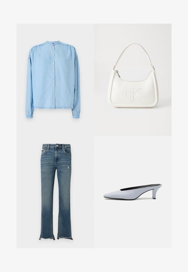 Lyseblå, langermet skjorte med knapper laget av myk denim, med rund hals, samlet skuldre og rett snitt.; Blå denimjeans med lett slitasje, rå frynsete kanter, frontlommer, beltestropper og knappelukking.; Lys blå patentlær mule med spiss tå, lav gjennomsiktig hæl og en elegant design med utskjæring på vampen.; Hvit lærveske med en buet fasong, med et preget "CK"-logo på forsiden og en enkel skulderstropp. Glidelåslukking på toppen.