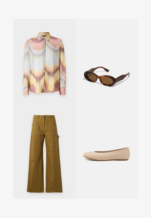 Blusa plissettata multicolore con maniche lunghe, caratterizzata da un delicato motivo a gradiente nelle tonalità di rosa, giallo e grigio, con chiusura a bottoni davanti.; Pantaloni a gamba larga in tessuto verde oliva con ricami floreali. Presentano una chiusura con bottone e una tasca laterale. Dettagli di cuciture testurizzate in tutto il capo.; Ballerine in pelle beige con punta arrotondata, dettagli di cucitura minimi, tacco basso e logo discreto sul retro. Texture liscia e opaca.; Occhiali da sole tartaruga con lenti ovali, tonalità marrone e accenti dorati sulle aste. Montatura spessa con una finitura lucida e una texture liscia.