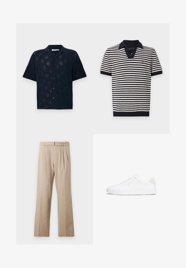 Marineblauwe short-sleeve shirt met een ruitpatroon en open gebreide textuur, vijf knopen aan de voorkant en een kraagontwerp.; Gestreepte polo in navy en crème met korte mouwen, voorzien van een V-hals, geribbelde kraag en logo-detail op de borst. Getextureerde gebreide stof.; Beige, brede broek gemaakt van een gladde katoenmix, met voorplooien, een gestikt tailleband en een riem met metalen gesp.; Witte sneaker met een glad leren bovenwerk, ronde neus, platte zool en een minimalistisch ontwerp. Voorzien van subtiele branding en een beige accent op de hak.