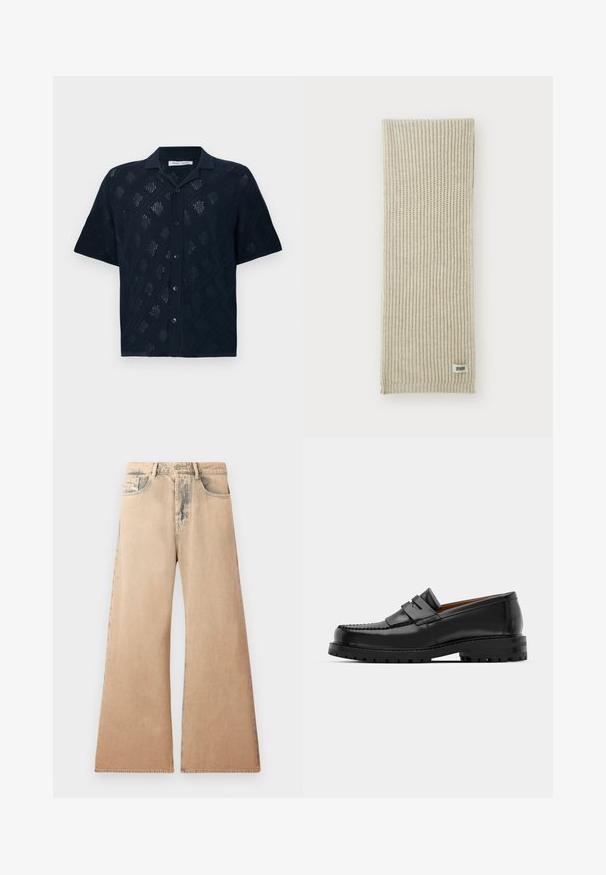 Camicia a maniche corte blu navy caratterizzata da un motivo a rombi con texture a maglia aperta, cinque bottoni sul davanti e design con colletto.; Jeans beige a gamba larga con texture sfumata, design a cinque tasche e dettagli cuciti lungo le cuciture. La vita ha una chiusura a bottone tradizionale.; I mocassini in pelle nera presentano una cucitura sollevata, due fasce decorative sulla parte superiore e una suola spessa e texture per una maggiore aderenza.; Sciarpa lavorata a maglia beige con texture a coste verticali. Presenta un piccolo etichetta di tessuto etichettata "DRYARN" a un'estremità. Materiale morbido e leggero.
