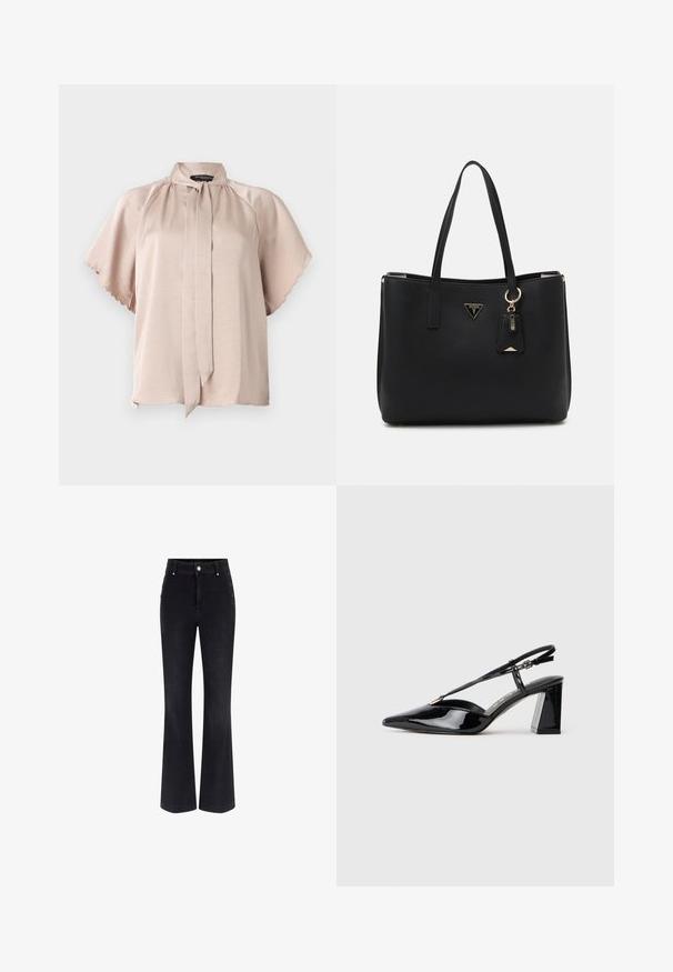 Kortærmet bluse i lys beige satin med høj krave, der har en bånddetalje samt bølgede kanter på ærmerne. Glat tekstur.; Sorte denim flared jeans med høj talje, fem-lomme design og metalknap detaljer på siderne. Glat tekstur og klassisk pasform.; Sorte laklæder slingback højhælede sko med spids tå, justerbar rem og chunky rektangulær hæl.; Sort totebag lavet af struktureret syntetisk materiale, med to håndtag, en guldlogo-plade og et lille mærke med en accentdetalje.