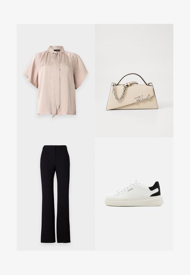 Bluză cu mânecă scurtă din satin bej deschis, cu guler înalt și detaliu legat, având margini zimțate la mâneci. Textură netedă.; Pantaloni negri cu o croială dreaptă, textură netedă și o talie cu închidere printr-un singur buton. Fără modele sau accente vizibile.; Adidași din piele albă cu o talpă groasă albă, accent de călcâi din suede negru și logo embosat pe lateral. Design cu șireturi și șase orificii.; Geantă din piele bej, cu o formă structurată, triangulară, având un mâner din lanț argintiu și un logo cursiv din metal.