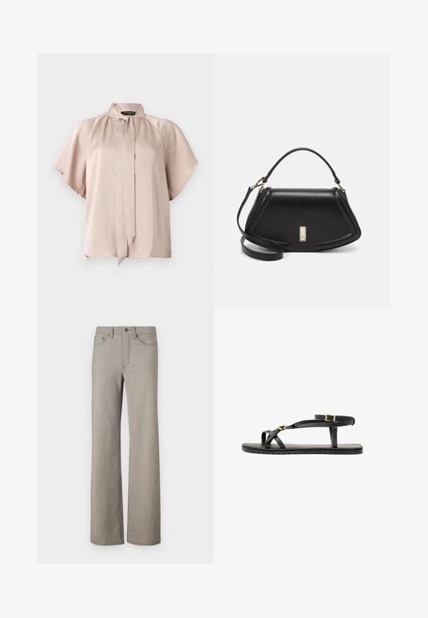Short-sleeved blouse in light beige satin, featuring a high collar with a tied detail and scalloped edges on sleeves. Smooth texture.; Wide-leg pants in a light gray, textured fabric with a smooth finish. Features a button closure and five-pocket design.; Black leather sandals with thin straps and a buckled ankle strap. Flat sole with a textured finish and zigzag edge. Minimalist design.; Black leather handbag with a structured design, featuring a cropped shape, top handle, and gold hardware accent. Adjustable shoulder strap included.