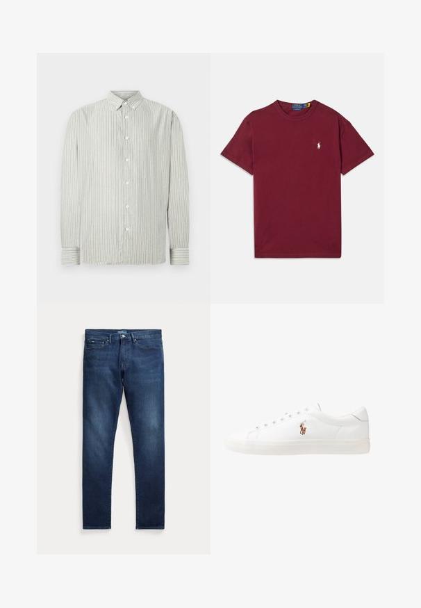Camicia a righe grigia chiaro e bianca, con colletto classico e maniche lunghe con dettagli ai polsini. Tessuto morbido.; T-shirt in cotone bordeaux con maniche corte, collo a giro e logo ricamato bianco sul lato sinistro del petto. Tessuto liscio e vestibilità classica.; Jeans in denim blu scuro con taglio a gamba dritta, dotati di cinque tasche, chiusura con bottone e leggero scolorimento vicino alle cosce.; Sneakers in pelle bianca, design low-top, caratterizzati da una texture liscia, punta rotonda, chiusura con lacci e un piccolo logo ricamato sul lato.