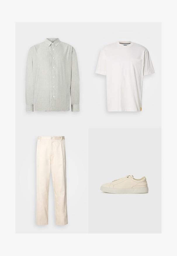 Ριγέ πουκάμισο σε ανοιχτό γκρι και λευκό, με κλασικό γιακά και μακρύ μανίκι με λεπτομέρειες στους καρπούς. Απαλή υφή υφάσματος.; Λευκό βαμβακερό μπλουζάκι με στρογγυλή λαιμόκοψη, κοντά μανίκια και τσέπη στο αριστερό στήθος. Διαθέτει μια μικρή ετικέτα logo στη ραφή στο πλάι.; Μπεζ βαμβακερό παντελόνι με ίσια γραμμή, διαθέτει κουμπί κλεισίματος και πτυχές στο μπροστινό μέρος για επιπλέον λεπτομέρεια.; Μπεζ δερμάτινα sneakers με στρογγυλή μύτη, μινιμαλιστικό σχέδιο, διακριτές ραφές και υφή στην επιφάνεια, σε μια ανοιχτόχρωμη σόλα.