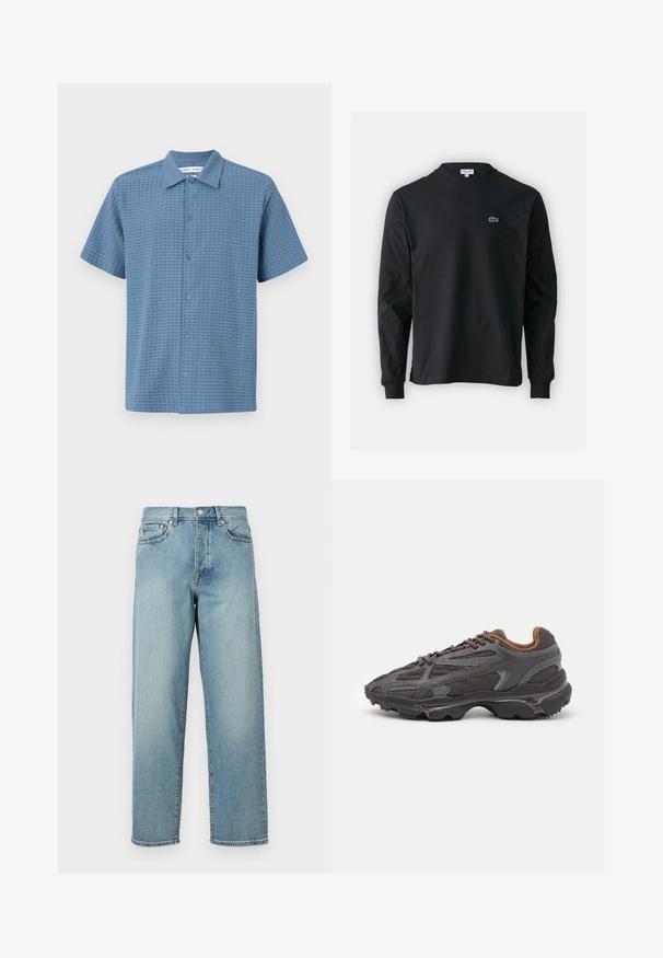 Kortekleding met knopen in lichtblauw, textuurstof, voorzien van een rasterpatroon en een klassieke kraag. Zes knoopsluitingen aan de voorkant.; Zwarte longsleeve t-shirt van katoen, met een ronde halslijn en een klein groen geborduurd krokodillenlogo op de linkerborst.; Lichtblauwe denim jeans met een losse pasvorm, rechte pijpen, een vijfzakkenontwerp en een knoopsluiting bij de taille. Minimalistische stikdetails.; Lacoste sneakers in donkergrijs van mesh en synthetisch materiaal, met een gestructureerde zool en bruine accenten op de kraag en branding.