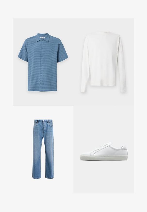 Camicia a maniche corte con bottoni di colore azzurro chiaro, in tessuto strutturato, caratterizzata da un motivo a griglia e un colletto classico. Sei bottoni lungo la parte anteriore.; Camicia bianca in cotone a maniche lunghe con scollatura rotonda, spacchi laterali in fondo e una texture liscia, mostrata da dietro.; Jeans in denim blu chiaro con design a gamba dritta, cinque tasche, chiusura con bottone, leggero sbiadimento e dettagli di cucitura a contrasto.; Sneaker bianco con tomaia in pelle liscia e profilo basso. Presenta una punta arrotondata, sei occhielli e una suola in gomma testurizzata.