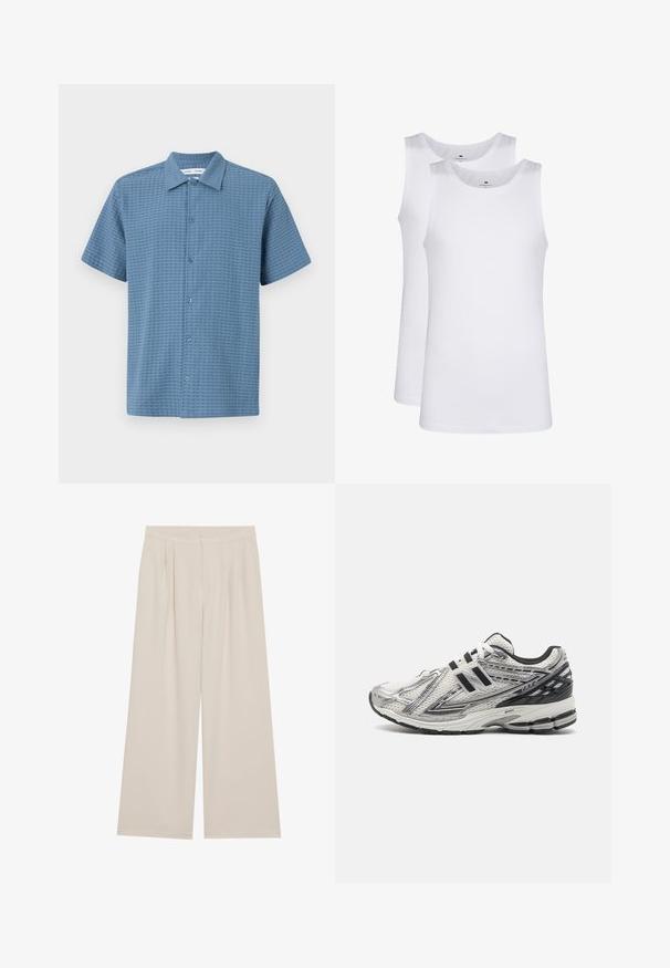 Košela s krátkym rukávom v svetlomodrej farbe, štruktúrovaná tkanina, so štruktúrou mriežky a klasickým golierom. Šesť gombíkových zapínaní na prednej strane.; Biele bavlnené tielka, bezrukávový dizajn, okrúhly výstrih, hladká textúra, vyrobené z jemnej a ľahkej látky. Zobrazené sú dva kusy.; Béžové nohavice s širokými nohavicami, plochým predným dielom, zaťahovacími záhybmi a elastickým pásom. Vyrobené z ľahkého materiálu s hladkou textúrou.; Pánske bežecké topánky v bielej sieťovine s čiernymi akcentmi, so zmäkčenou podrážkou, šnurovací dizajn a textúrovaný povrch pre lepšiu priľnavosť.