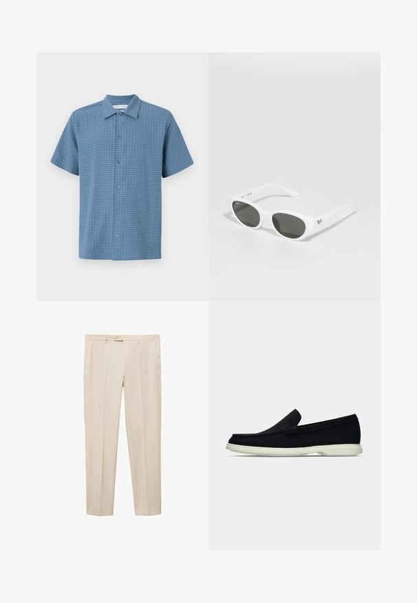Koszula z krótkim rękawem zapinana na guziki w jasnoniebieskim kolorze, z teksturowanej tkaniny, z wzorem w kratkę oraz klasycznym kołnierzykiem. Sześć guzików z przodu.; Beżowe spodnie o prostym kroju, z jedynym guzikiem w pasie, dwiema bocznymi kieszeniami i płaskim przodem.; Czarny pantofel wsuwany z okrągłym noskiem, charakteryzujący się teksturowanym wierzchem, gładką białą podeszwą oraz subtelnym detalem z logo po boku.; Białe okulary przeciwsłoneczne z zaokrąglonymi oprawkami i ciemnymi soczewkami. Wyróżniają się gładką plastikową teksturą i małym logo na zausznicy.