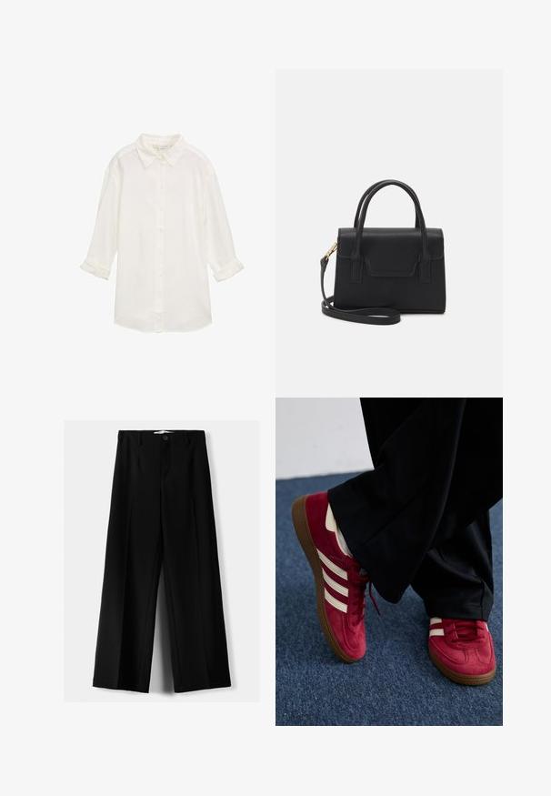Codul alb din bumbac, cu guler, mâneci lungi împăturite și un material texturat. Prezintă o margine dreaptă și închidere cu nasturi.; Pantaloni negri cu picior larg, fabricați dintr-un material ușor, cu închidere frontală cu nasture și față plată, având tivuri cusute cu atenție.; Adidași din suede roșu cu dungi albe, design cu șireturi și talpă din cauciuc texturat maro. Purtați cu pantaloni negri, pe un covor albastru.; Geantă structurată neagră din piele, cu mânere superioare, curea de umăr detașabilă și detaliu cu clapetă frontală. Accente din metal aurit.