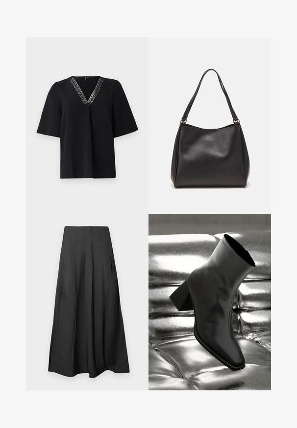Melnā īsajās piedurknēs blūze ar V veida kakla izgriezumu, kasrā piestiprināta dekoratīva sudraba raksta apdare gar kakla izgriezumu, izgatavota no mīksta, teksturēta auduma.; Melns, pleidots midi svārki, izgatavoti no viegla auduma ar gludu tekstūru; tiem ir sānu kabatas un plūstoša silueta.; Melnas potītes kurpes, izgatavotas no spīdīga materiāla, ar kvadrātveida purngalu un konusveida papēdi, novietotas uz spīdīga sudraba izšūta fona.; Melna sintētiskā ādas rokas soma ar mīkstu tekstūru, hobo formas un divām plecu siksnām; iezīmējas ar spīdīgu apdari un minimālistisku dizainu.