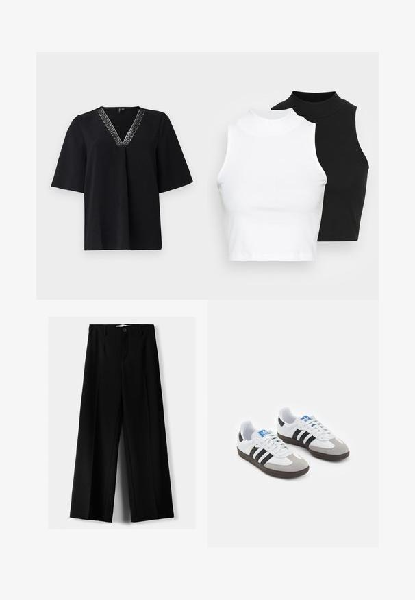 Top scurt negru cu mâneci scurte și decolteu în V, având un tiv decorativ cu model argintiu pe marginea decolteului, realizat dintr-un material texturat, moale.; Două bluze fără mâneci, cu guler înalt, în culorile negru și alb, având un design ajustat și o textură netedă, cu o lungime scurtă.; Pantaloni negri cu picior larg, fabricați dintr-un material ușor, cu închidere frontală cu nasture și față plată, având tivuri cusute cu atenție.; Încălțăminte sport cu un superior din piele albă, vârf din suede gri și trei dungi negre. Prezintă un logo albastru pe limbă și o talpă din cauciuc texturat.