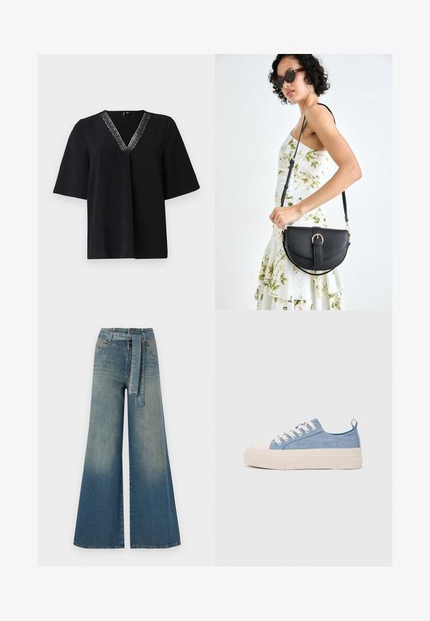Black short-sleeve top with a V-neckline, featuring a decorative silver patterned trim along the neckline, made from a soft, textured fabric.; Wide-leg denim trousers featuring a light to dark blue gradient, high waist, belt loops, and a matching fabric belt. Textured denim finish.; Light blue canvas sneakers with a cream rubber toe cap and outsole, featuring white laces and a pull tab on the heel.; Black leather handbag with a curved shape, detachable strap, and gold hardware. The bag features a flap with a buckle detail.