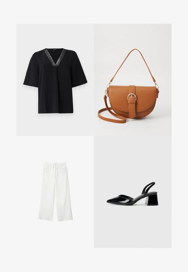 Top nero a maniche corte con scollo a V, caratterizzato da un bordo decorativo a motivo argento lungo il decolleté, realizzato in un morbido tessuto testurizzato.; Pantaloni bianchi a gamba larga realizzati in tessuto morbido, con vita regolabile e due tasche frontali. Texture liscia e senza motivi visibili.; Décolleté in vernice nera con punta affusolata e tacco in geometria cubica. Presentano un design elegante e minimalista, con una texture liscia.; Borsa a tracolla in pelle marrone con forma curvata, hardware dorato e un dettaglio con fibbia. Presenta una tracolla rimovibile.