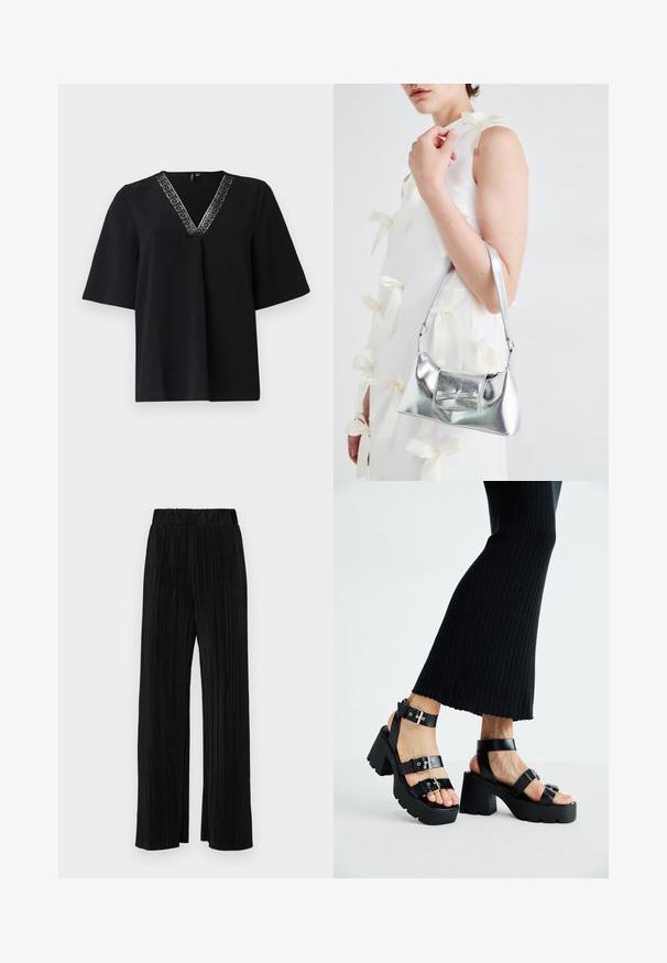 Juodas trumpas rankovėmis viršus su V formos iškirpte, puoštu sidabriniu raštuotu apvadu aplink iškirptę, pagamintas iš švelnios, tekstūruotos medžiagos.; Juodi plisuoti kelnės su elastine juosta. Turėkite plačias kojas ir glotnų, tekstūrinį audinį su vertikaliais dryžiais.; Juodos platformos sandalai su storais, gilių rašto padais ir keliais dirželiais, su metaliniais sagtelėmis ir glotnia oda primenančia tekstūra.; Sidabrinė metalinė rankinė su struktūrizuota forma, turinti viršutinę rankeną ir kaspiną priekyje. Lygi tekstūra, atspindinti apdaila.