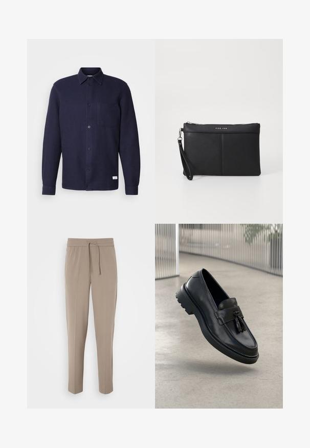 Dark navy button-up shirt made of textured fabric with a collar, long sleeves, and a single chest pocket. Features button closures.; Light beige trousers with an elastic waistband, adjustable drawstring, and tapered legs. Fabric appears smooth with a slight sheen.; Black leather loafers with a smooth finish, decorative tassel, thick rubber sole, and stitched accents. Lightweight and sleek design.; Black synthetic clutch with a zip closure, wrist strap, and a smooth texture. Features subtle stitching and a logo embossed on the front.