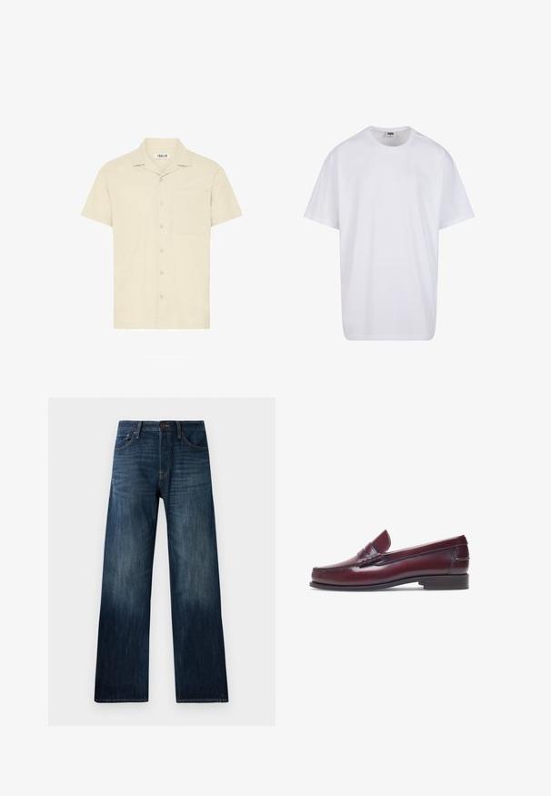 Chemise à manches courtes et col en tissu beige clair, avec une poche frontale et une fermeture à boutons composée de cinq boutons.; T-shirt en coton blanc avec des manches courtes, un col rond, une coupe décontractée et sans logos ni motifs visibles. Texture lisse et design minimaliste.; Jeans en denim bleu foncé avec une coupe droite, présentant une texture légère, des passants de ceinture, et un style classique à cinq poches.; Mocassin en cuir bordeaux avec un bout arrondi, des détails cousus et un petit accent décoratif sur le devant. Semelle plate contrastante.