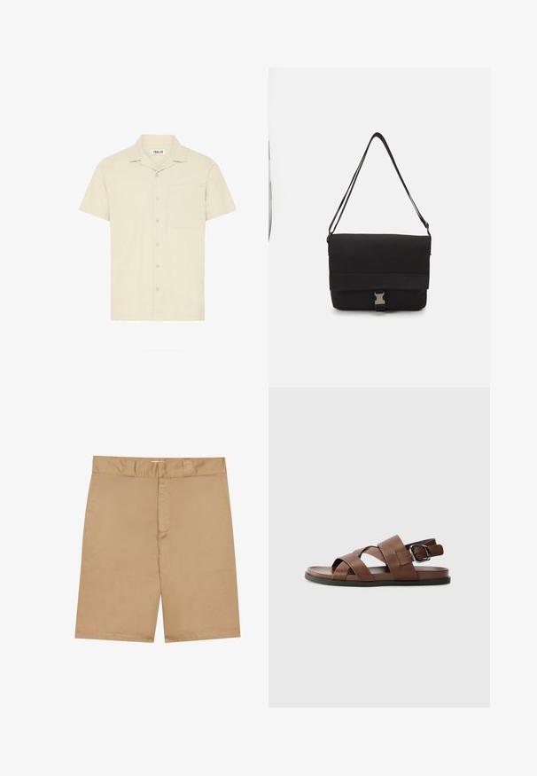 Kortermet, krage skjorte i lys beige stoff, med en frontlomme og en knapp-lukking med fem knapper.; Khaki shorts med flat midje, glidelås foran og sidelommer; laget av et glatt, lett stoff med en subtil tekstur.; Brune lær sandaler med krydsede stropper, justerbar spænde, flad sål og glat tekstur. Minimalistisk design i en neutral farve.; Svart budveske laget av glatt materiale, med en klaff som kan legges over, sølvfarget spenne og en justerbar skulderrem.