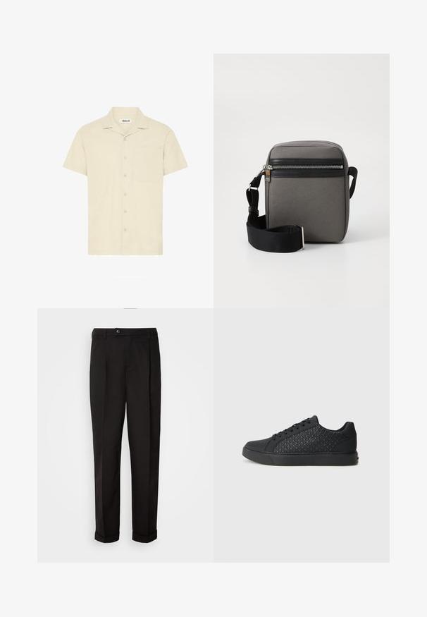 Lyhythihainen kauluspaita vaaleasta beigekankaasta, jossa on etutasku ja nappikiinnitys, jossa on viisi nappia.; Mustat housut, joissa on sileä pinta, suora leikkaus, kaksi etutaskua ja yksittäinen nappikiinnitys vyötäröllä.; Mustat tennarit, joissa on kohokuvioitu timanttikuvio sivupinnalla. Kenkissä on pyöreä kärki, tasapohja ja nauhakiinnitys.; Harmaa kangas olkalaukku, jossa on musta vetoketjullinen tasku, säädettävä hihna ja suorakulmainen muoto. Sisältää sileän pinnan ja metalliosat.