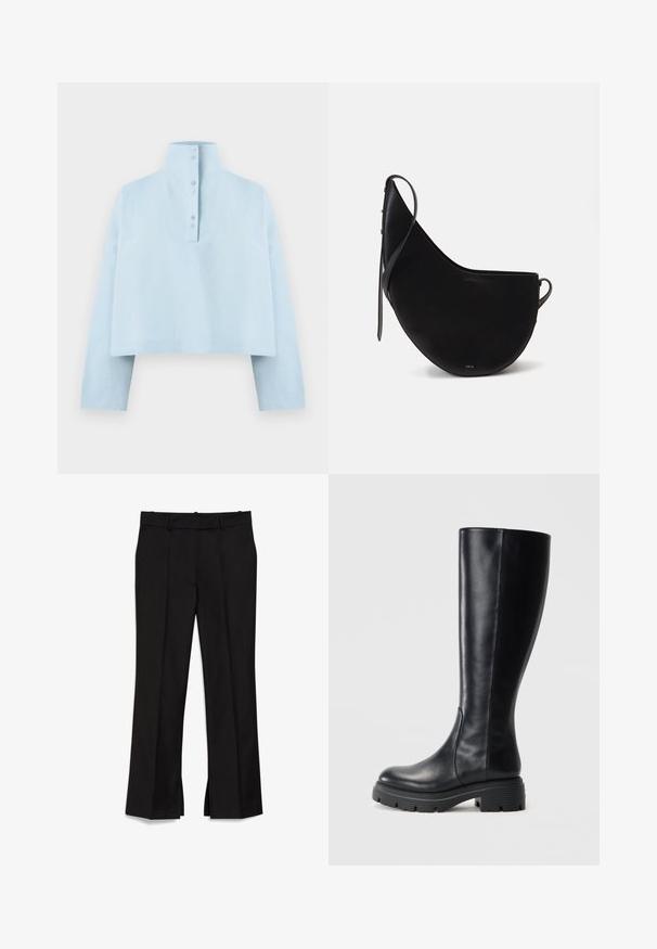 Világoskék, crop szabású ing magas gallérral, hosszú ujjal és öt gombos záródással a háton. Simább, texturált anyagból készült.; Fekete, pleates, egyenes lábú, oldalszárral ellátott, szabott nadrág. Simább anyagból készült, letisztult befejezéssel, látható fémrészek nélkül.; Fekete, térd fölé érő csizmák sima bőrből, lekerekített orral és robosztus gumitalppal, amelynek talpa tapadási mintákkal van ellátva.; Fekete bőrtáska, ívelt holdformával, vékony pánttal és diszkrét arany logóval az elején. Simára kidolgozott felület minimális fémalkatrészekkel.