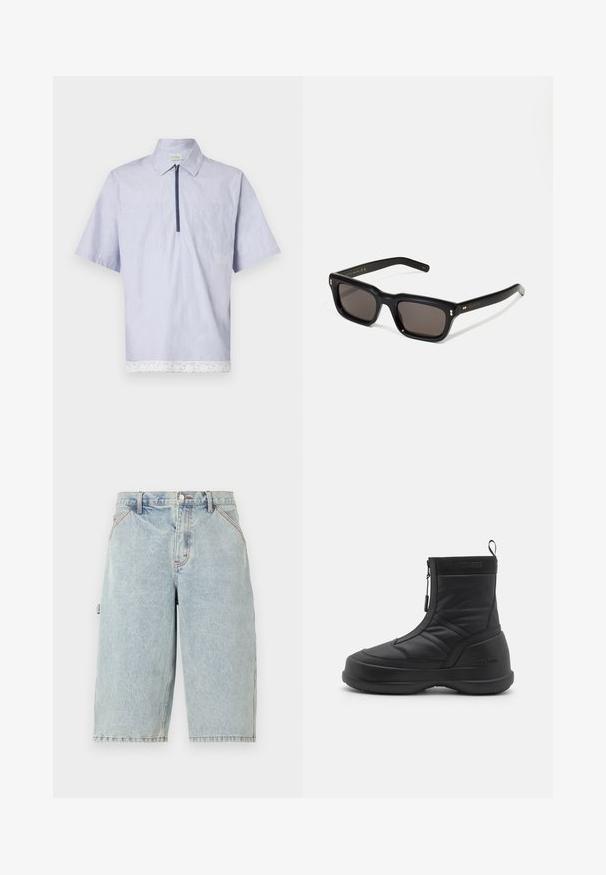 Šviesiai mėlynas trumpomis rankovėmis marškinėliai su apykakle, turintys priekį užtrauktuku, dvi krūtinės kišenes ir baltą nėrinių apvadą apačioje.; Noon Goons RUNAWAY - Džinsiniai šortai - washed blue; Juodas vandeniui atsparus sniego botas su lygiu sintetine viršutine dalimi, užtrauktuku, paminkštintu apvadu ir tekstūruotu guminiu padu. Papuoštas "MOON BOOT" logotipu.; Juodos stačiakampės akinių nuo saulės su tamsiais objektyvais, storu plastiko rėmu, auksinėmis detalėmis ant šventyklų ir prekės ženklo logotipu išgraviruotu ant šono.