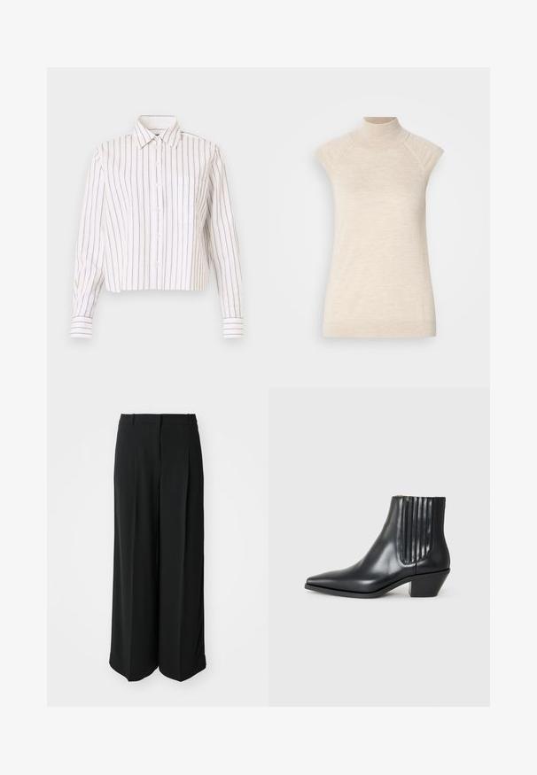 Gestreifte, knöpfbare Bluse in Weiß mit feinen braunen Streifen. Verfügt über einen spitzen Kragen, lange Ärmel und eine Brusttasche. Verkürzte Länge.; Beige, ärmelloses Top mit hohem Kragen, aus weichem, strukturiertem Stoff. Verfügt über Raglanärmel und eine taillierte Silhouette. Eignet sich gut für Schichtlooks.; Schwarze, weite Hose aus glattem Stoff mit einem hohen Bündchen und Vorderfalten für eine maßgeschneiderte Passform.; Schwarze Leder-Ankle-Boots mit spitzem Zehenbereich, seitlichen elastischen Einsätzen mit vertikalen Rillen und einem niedrigen Blockabsatz. Glatte Textur und elegantes Design.