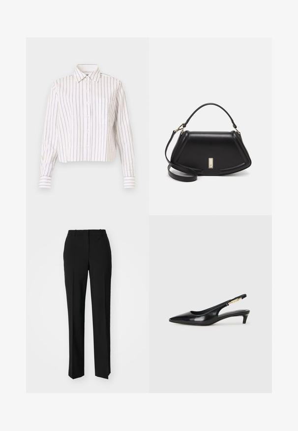 Striped button-up shirt in white with thin brown stripes. Features a pointed collar, long sleeves, and a chest pocket. Cropped length.; Black tailored trousers with a straight-leg design, featuring a smooth texture and crisp creases along the front. No visible hardware.; Black leather slingback heels with a pointed toe, featuring a slim heel and a gold-tone accent on the adjustable strap. Smooth texture.; Black leather handbag with a structured design, featuring a cropped shape, top handle, and gold hardware accent. Adjustable shoulder strap included.