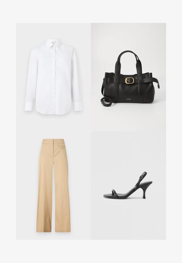 Camisa branca de manga longa feita de tecido suave, com frente abotoada, gola clássica e bainha arredondada com punhos abotoados.; Calças largas em bege feitas de um tecido misto de algodão. Apresentam uma textura suave, cintura elástica e um detalhe de botão lateral.; Sandálias de salto alto em couro preto com um salto curvado e fino e um design de tiras cruzadas. Correia ajustável no tornozelo. Textura suave.; Bolsa de couro preto com um design estruturado, alças superiores duplas, detalhe de fivela em tom dourado e logotipo da marca em relevo na frente.
