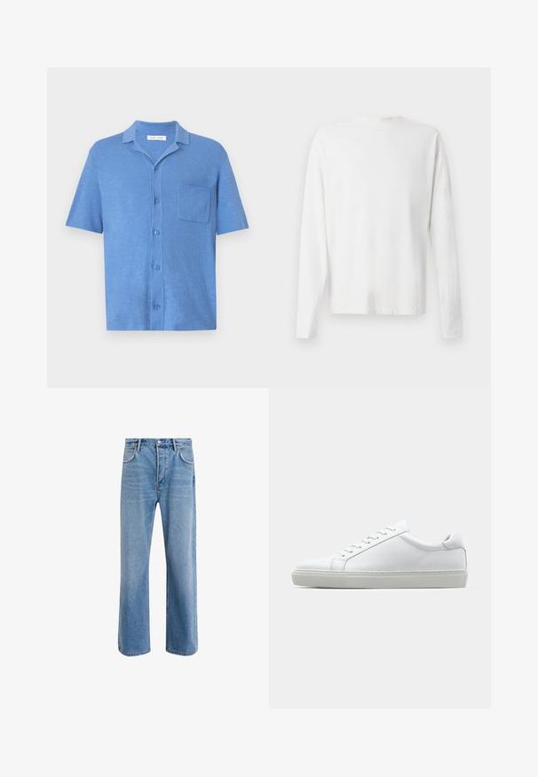 Kratkoročna majica v svetlo modri barvi, izdelana iz mehkega materiala. Ima ovratnik, sprednje gumbe in en žep na prsih.; Bela bombažna srajca z dolgimi rokavi in okroglo ovratnikom, z bočnimi razporki na dnu in gladko teksturo, prikazana s hrbtne strani.; Svetlo modre denim kavbojke s ravno nogavico, petimi žepi, z gumbom za zapiranje, minimalnim zbledelostjo in kontrastnimi šivi.; Bela športna obutev z gladkim usnjenim zgornjim delom in nizkim profilom. Ima zaokrožen nos, šest lukenj za vezalke in teksturiran gumijast podplat.