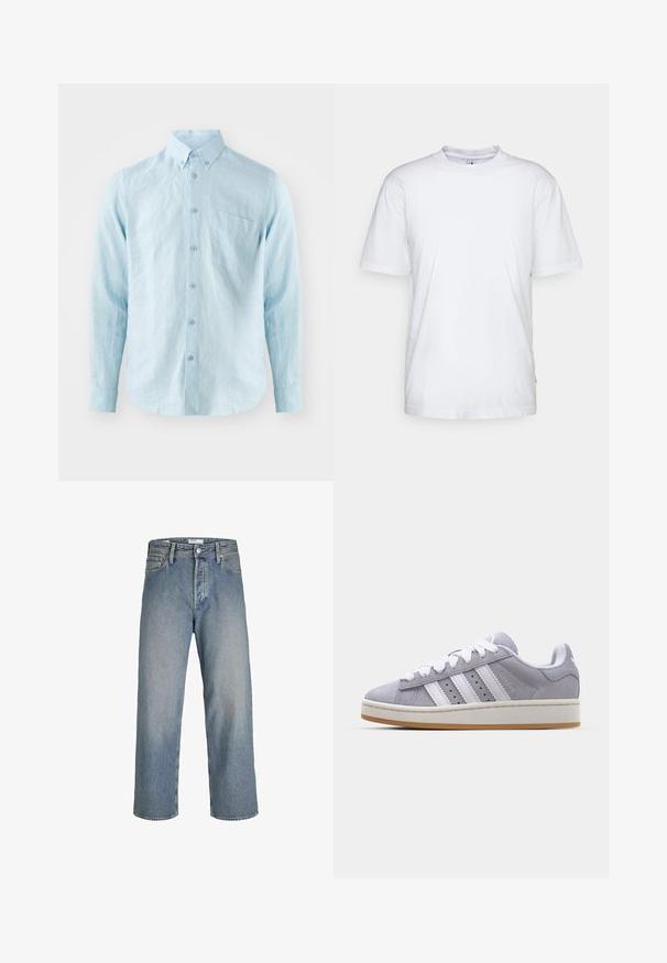 Camisa de manga longa azul claro, feita de tecido texturizado, com colarinho abotoado, botões à frente e um único bolso no peito.; T-shirt de algodão branco com gola redonda, mangas curtas e barra reta. Apresenta uma pequena etiqueta da marca na costura lateral esquerda.; Jeans de ganga azul claro com um corte solto, cintura alta e pernas retas. Apresenta bolsos frontais e fecho de botão metálico.; Tênis cinza em camurça com listras brancas, bico redondo e sola de borracha. Apresenta perfurações na lateral e um suporte texturizado no calcanhar.
