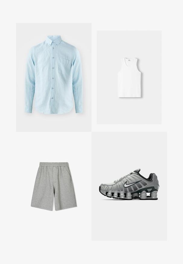 Cămașă albastru deschis cu mâneci lungi, confecționată dintr-un material texturat, având guler cu nasturi, nasturi pe față și un singur buzunar pe piept.; Top din bumbac alb, cu decolteu rotund, bretele late și margine dreaptă, având o textură fină și fără modele vizibile.; Pantaloni scurți din bumbac gri, cu un talie elastică, dotati cu buzunare laterale și o croială relaxată. Textură netedă și design până la genunchi.; Adidas de alergare gri și negru, cu amortizare vizibilă sub talpă, asemănătoare unui arc, și un logo swoosh alb pe lateral.