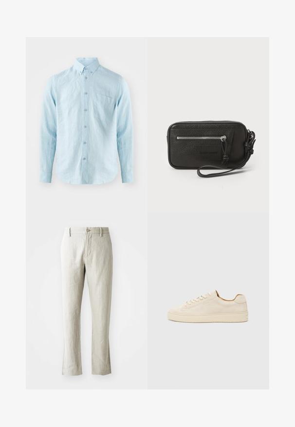 Lichtblauwe lange mouwen shirt gemaakt van gestructureerde stof, met een button-down kraag, knopen aan de voorkant en een enkele borstzak.; Lichtbeige linnen broek met een rechte snit, subtiele textuur, sluiting met een knoop aan de voorkant en twee zijzakken. Gemaakt voor een strakke silhouet.; Beige suède sneaker met een low-top ontwerp, ronde neus, platte veters en een gestructureerde rubberen zool. Minimalistische stijl zonder zichtbare logo's.; Zwarte leren clutch met een gestructureerd oppervlak, voorzak met rits en een afneembare polsband. Beschikt over een logo-opdruk aan de voorkant. Rechthoekige vorm.