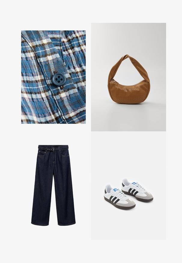 Blau und cremefarbener karierten Stoff mit einem Knopfdetail. Das Material ist leicht und strukturiert, mit dunklen braunen Akzenten im Muster.; Dunkelblaue, weit geschnittene Jeans aus Denim. Verfügt über einen mit Gürtel versehenen Bund mit mehreren Knöpfen, Fronttaschen und einen sauberen Abschluss an den Säumen.; Sportschuhe mit einem Obermaterial aus weißem Leder, grauer Wildleder-Zehenkappe und drei schwarzen Streifen. Sie verfügen über ein blaues Logo auf der Zunge und eine strukturierte Gummisohle.; Geflochtene Lederhandtasche in Braun, ovale Form mit einem dicken geflochtenen Griff, ausgestattet mit einem Reißverschluss und glänzender Textur.