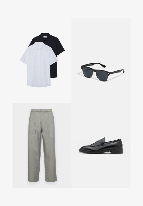 Camicie a maniche corte con bottoni in bianco e nero, realizzate in tessuto misto cotone. Presentano un colletto classico e un orlo dritto.; Pantaloni grigi su misura realizzati in tessuto testurizzato, con un design a gamba dritta, pieghe frontali e una vita standard con passanti per cintura.; Mocassini in pelle nera con finitura liscia, caratterizzati da una punta tonda e una fascia stretta sulla parte superiore. Tacco basso impilato.; Occhiali da sole neri con forma rettangolare, lenti scure, dettagli in argento alle tempie e finitura opaca sulla montatura.