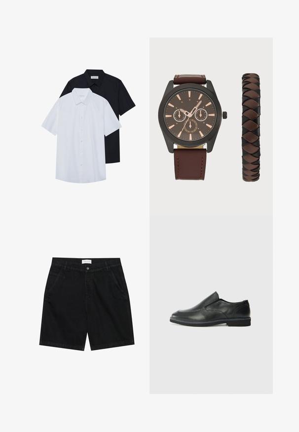 Short-sleeve button-up shirts in white and black, made of cotton blend fabric. Features a classic collar and a straight hem.; Black denim shorts with a classic fit, featuring two front pockets, a button closure, and a label at the waistband. Textured fabric.; Black leather slip-on shoe with a smooth upper, stitched accents, rounded toe, and a low rubber heel. Sole features minimal tread.; Pier One SET - Watch - black/brown