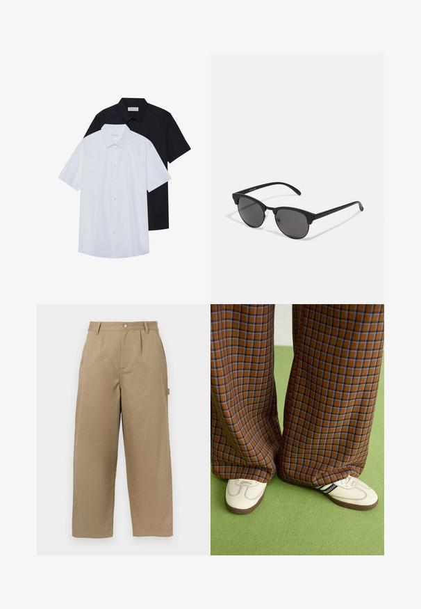 Chemises à manches courtes à boutons, en blanc et noir, fabriquées en tissu mélangé coton. Elles possèdent un col classique et un ourlet droit.; Pantalons larges beiges en mélange de coton, dotés d'une taille haute, de plis avant et de deux poches latérales avec fermeture à bouton.; Un pantalon large à carreaux marron et bleu associé à des chaussures blanches avec des accents noirs et des semelles texturées, le tout sur fond vert.; Lunettes de soleil noires avec des verres ronds, finition mate et une forme distinctive en œil de chat. Monture fine avec un logo discret sur la branche gauche.