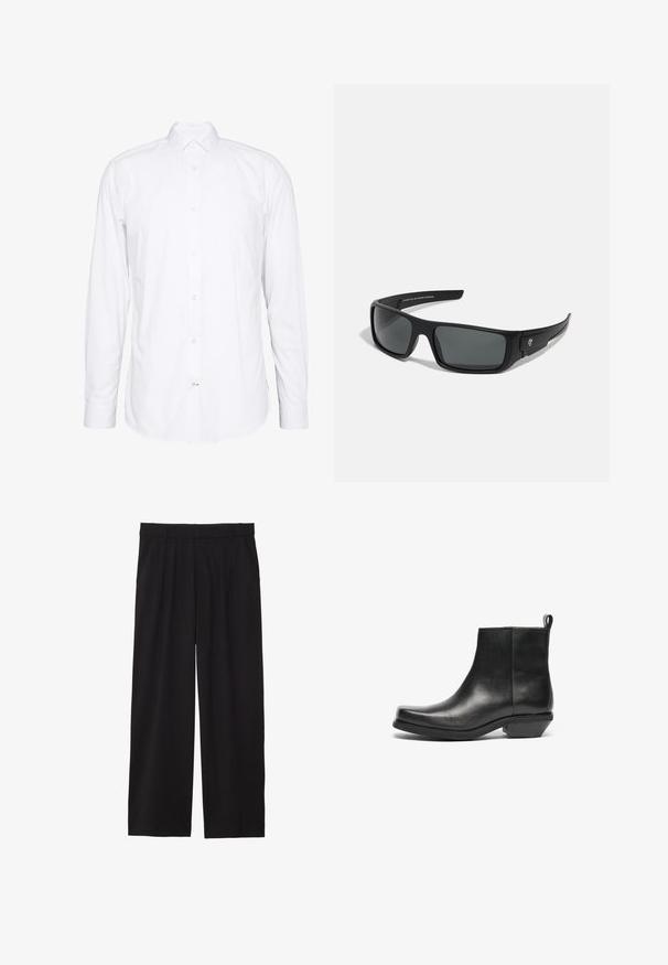 Fehér, hosszú ujjú pamut ing. Gallérral, elöl gombos záródással és egysoros gombos mandzsettával rendelkezik. Simaság jellemzi, letisztult dizájn.; Fekete, bőszárú nadrág, pliszírozott elülső résszel, oldalsó zsebekkel és sima szövettextúrával. Lazább, kényelmes szabású.; Fekete bőr bokacsizma hegyes orral és alacsony tömör sarokkal. Elegáns dizájn sima textúrával és húzófüllel a könnyű felvétel érdekében.; Fekete napszemüveg téglalap alakú kerettel, sötétszürke lencsékkel és sima műanyag bevonattal. Jeles logó hangsúly a szélén.; Fekete nyakkendő, textúrált felülettel, hegyes végződéssel, egyszínű, minta vagy kiegészítők nélkül.