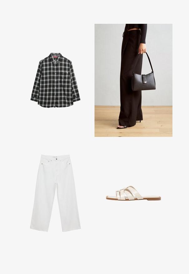 Czarna i biała koszula w kratkę z długim rękawem, kołnierzykiem zapinanym na guziki, pojedynczą kieszenią na piersi i luźnym fasonem. Miękka tekstura materiału.; Białe spodnie dżinsowe w stylu szerokich nogawek z wysokim stanem, wyposażone w pięć kieszeni i metalowe akcenty. Gładka struktura, bez widocznych wzorów.; Płaskie sandały z brązową gumową podeszwą, zaprojektowane z trzema nakładającymi się na siebie białymi skórzanymi paskami i małym detalem w postaci kokardy na środku.; Czarna torebka o usztywnionym kształcie, gładkiej fakturze i metalowym zapięciem. Połączona z szerokimi czarnymi spodniami i sandałami na otwartym palcu na drewnianej podłodze.
