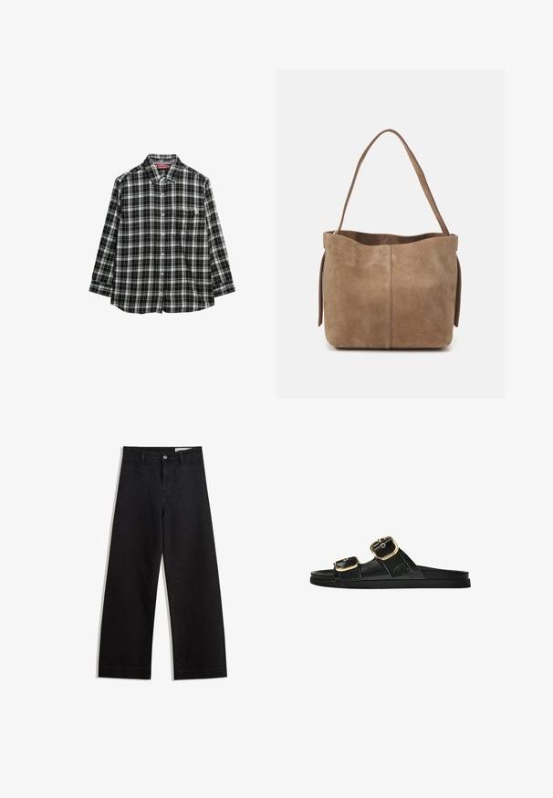 Czarna i biała koszula w kratkę z długim rękawem, kołnierzykiem zapinanym na guziki, pojedynczą kieszenią na piersi i luźnym fasonem. Miękka tekstura materiału.; Czarne dżinsowe spodnie o szerokich nogawkach i wysokim stanie, z przednimi i tylnymi kieszeniami, przeszyciami oraz zapięciem na guziki. Gładka struktura.; Czarne klapki z dwoma złotymi klamrami, gładki materiał, płaska podeszwa i minimalistyczny design.; Brązowa torba tote z zamszu o miękkiej teksturze, otwartym topie i jednym pasku na ramię. Posiada gładkie wykończenie i minimalne zdobienia.