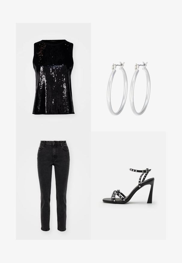Black sleeveless top adorned with sequins, featuring a shiny texture and a fitted design. Round neckline with no visible fastenings.; Black denim jeans with a straight cut, five-pocket design, standard belt loops, and a smooth texture. Front button closure.; Black high-heeled sandal with a wide strap, studded accents, and a sleek design; features a buckle closure and a smooth finish.; Silver hoop earrings with a smooth, polished finish. Round shape and secure click-top closure. Lightweight design suitable for everyday wear.