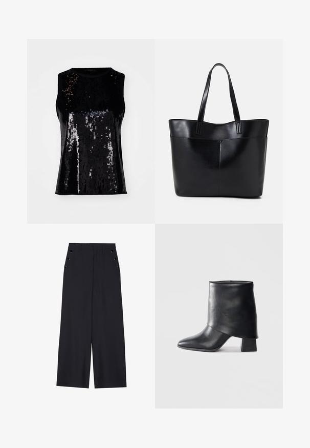 Crna majica bez rukava ukrašena šljokicama, s sjajnom teksturom i prilagođenim dizajnom. Okrugli izrez bez vidljivih kopčanja.; Hlače širokih nogavica od tamnoplave tkanine, s glatkom teksturom, prednjim ispupčenjima i dekorativnim zlatnim okovama na bočnim džepovima.; Crna kožna čizme do gležnja sa šiljastim prstom, glatke teksture i strukturiranim blok petom. Ima visoki, preklopljeni dizajn manžetne.; Crna kožna torba s dugim ručkama, glatkom teksturom i strukturiranim oblikom. Ima prednju džep za dodatno pohranu.