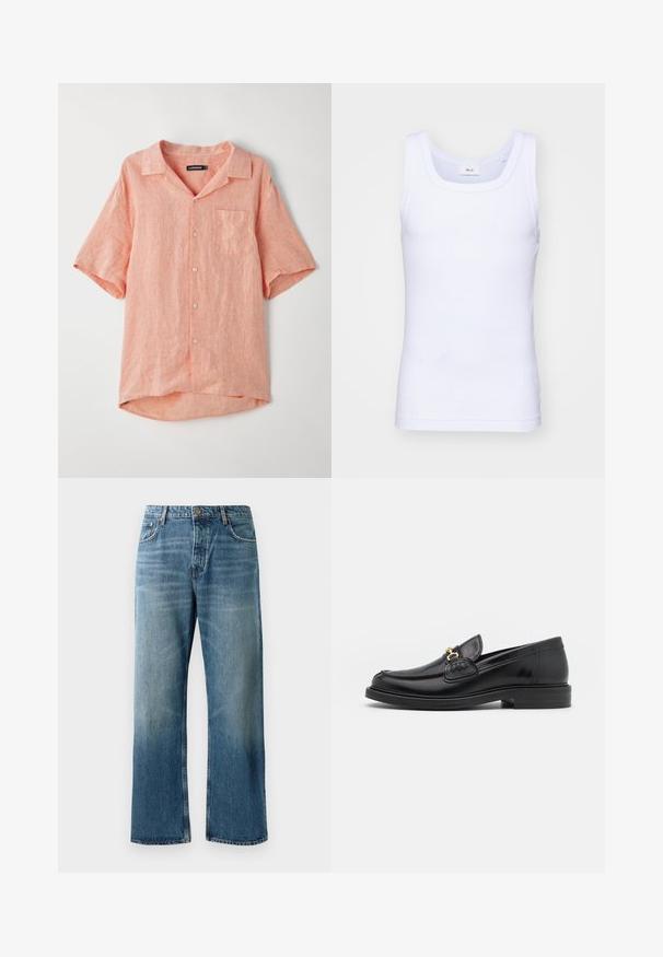 Kortærmet skjorte med knapper i lys koral, lavet af struktureret linned. Har en enkelt brystlomme og en camp collar-design.; Hvid bomulds ærmeløs tanktop med rund halsudskæring, der har en glat tekstur og en tætsiddende pasform, designet til casual brug.; Lysblå brede jeans med en falmet vask, prydet med enkeltknaplukning, fem lommer og kontrastsyede detaljer.; Sorte læder loafers med en rund tå, der har guld hardware accent og syningsdetaljer, placeret på en lav, tekstureret gummisål.