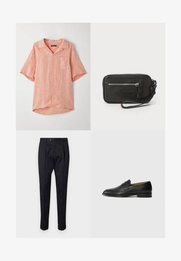 Kortærmet skjorte med knapper i lys koral, lavet af struktureret linned. Har en enkelt brystlomme og en camp collar-design.; Sorte bukser lavet af et glat stof, der har en fold foran, en knaplukning og opsmøg ved anklerne.; Sort læder loafer med rund tå, diskret syning, og lav hæl, der har en glat tekstur og minimalistisk design.; Sort læder clutch med struktureret overflade, frontlynlåslomme og aftageligt håndledsrem. Har et logo patch på forsiden. Firkantet form.