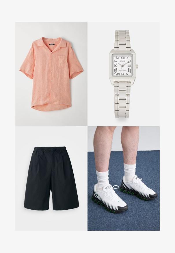 Kortermet, knappet skjorte i lys korallfarge, laget av teksturert linmateriale. Har en enkelt brystlomme og design med camp-krage.; Svarte shorts med elastisk midje og justerbar snor. Laget av et glatt stoff, med løs passform og uten synlige mønstre.; Hvite joggesko med svarte detaljer og grønn demping. Har en teksturert overdel, snøring og synlig merkevarelogo.; Sølvfarget metall armbåndsur med firkantet urkasse, hvit urskive, romerske tall og et sølvfarget lenkebånd. Har vanntett design.