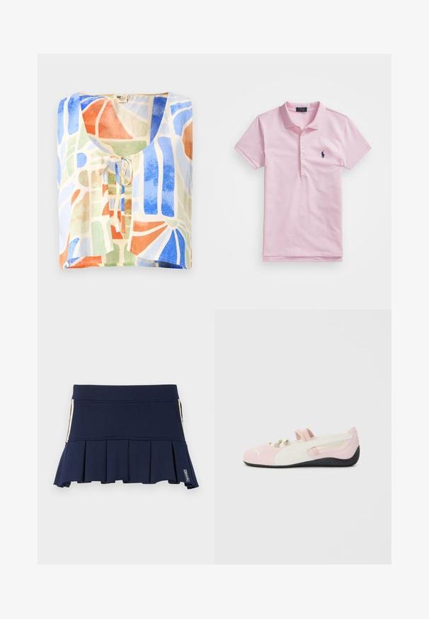Kurzarmbluse aus leichtem Stoff mit einem bunten abstrakten Muster. Die Farben umfassen Blau, Grün, Orange und Creme mit einem Bindedetail.; Rosa Poloshirt aus Baumwolle mit klassischem Kragen, drei Knöpfen, kurzen Ärmeln und einem kleinen marineblauen Logo auf der Brust.; Marineblauer, plissierter Rock aus elastischem Material, mit tailliertem Bund und seitlichem Reißverschluss. Die Nähte sind an den Kanten sichtbar.; Rosa Wildlederschuhe zum Hineinschlüpfen mit weißen Akzenten, Gummisohle und elastischen Riemen. Verfügt über ein strukturiertes Design und ein kleines Logo auf der Vorderseite.