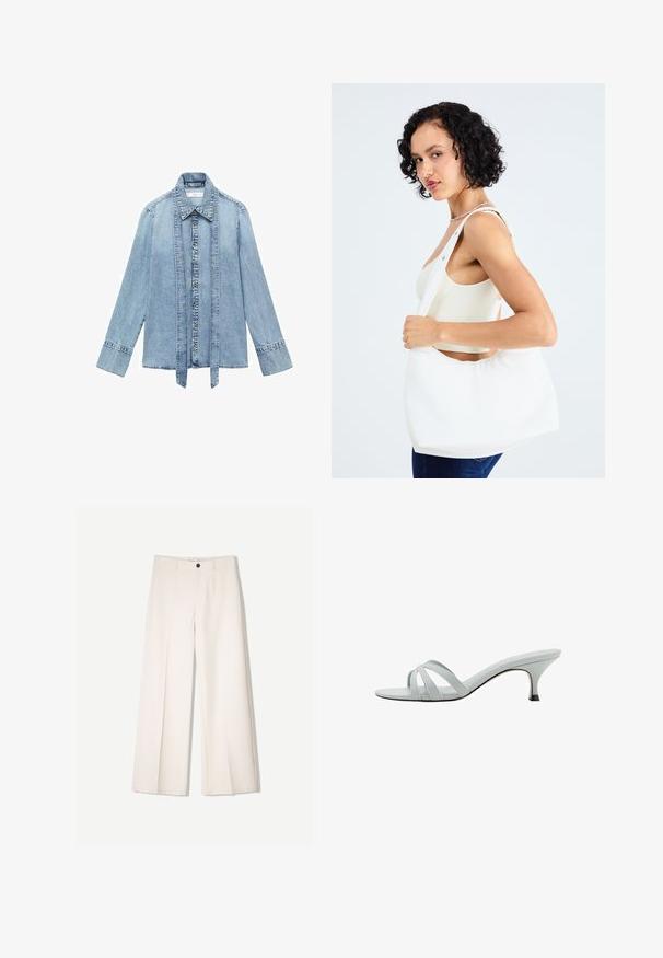 Lyseblå denim skjorte med lange ærmer, frontlukning med knapper, spidse krave og forlængede vertikale denimstropper hængende langs knaplinjen.; Cremefarvede bukser med bred benvidde og skræddersyet design, der har to forlommer og en enkelt frontknaplukning, lavet af et glat stof.; Lys grå hælede sandaler med tre krydsspiraler, en slank profil og en tilspidset hæl. Glat tekstur med en let skinnende finish.; Hvid skuldertaske lavet af glat materiale med en oval udskæring og bred stropdesign. Enkel og moderne med ingen synlig hardware.