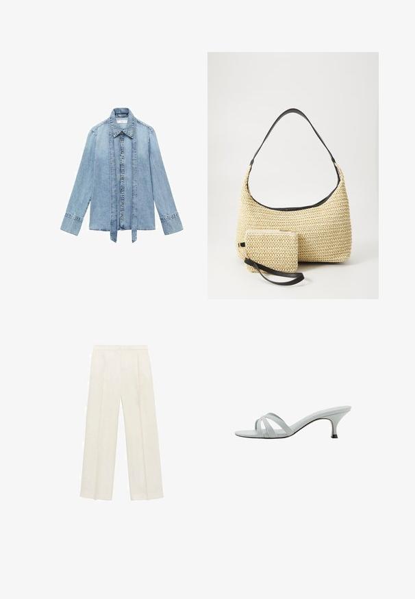 Svijetloplavi traper košulja dugih rukava s prednjim zatvaranjem na dugmad, oštrim ovratnikom i produženim vertikalnim traper trakama koje vise duž linije dugmadi.; Hlače širokog kroja u svijetloj krem boji. Izrađene su od glatkog materijala s plisama sprijeda i bočnim džepovima.; Svijetlosive sandale s potpeticama i tri ukrštavajuće trake, vitkog profila i sužene pete. Glatka tekstura s blago sjajnim finishem.; Tkana torba od slame s zakrivljenom siluetom, koja sadrži glatku crnu kožnu naramenicu i odgovarajući mali neseser koji je pričvršćen narukvicom.